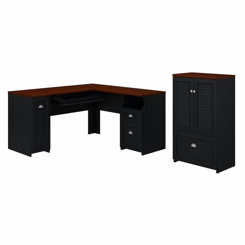 Pemberly Row Engineered Wood L Shaped Desk with Storage Cabinet - Antique Black