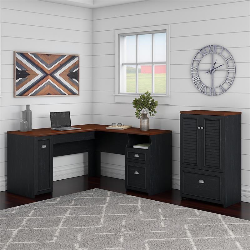 Pemberly Row Engineered Wood L Shaped Desk with Storage Cabinet - Antique Black
