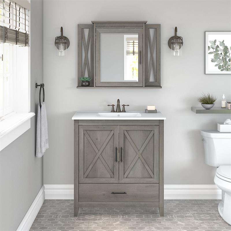 Pemberly Row Engineered Wood Bathroom Vanity Sink with Mirror in Driftwood Gray