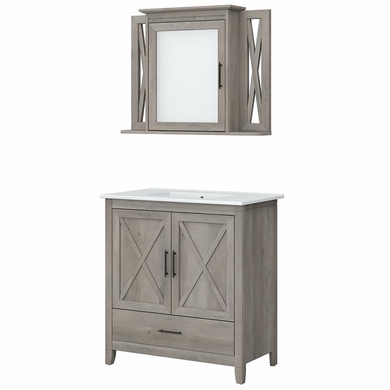 Pemberly Row Engineered Wood Bathroom Vanity Sink with Mirror in Driftwood Gray