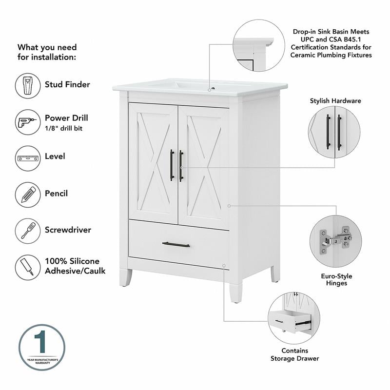 Pemberly Row 24W Bathroom Vanity with Sink in White Ash - Engineered Wood
