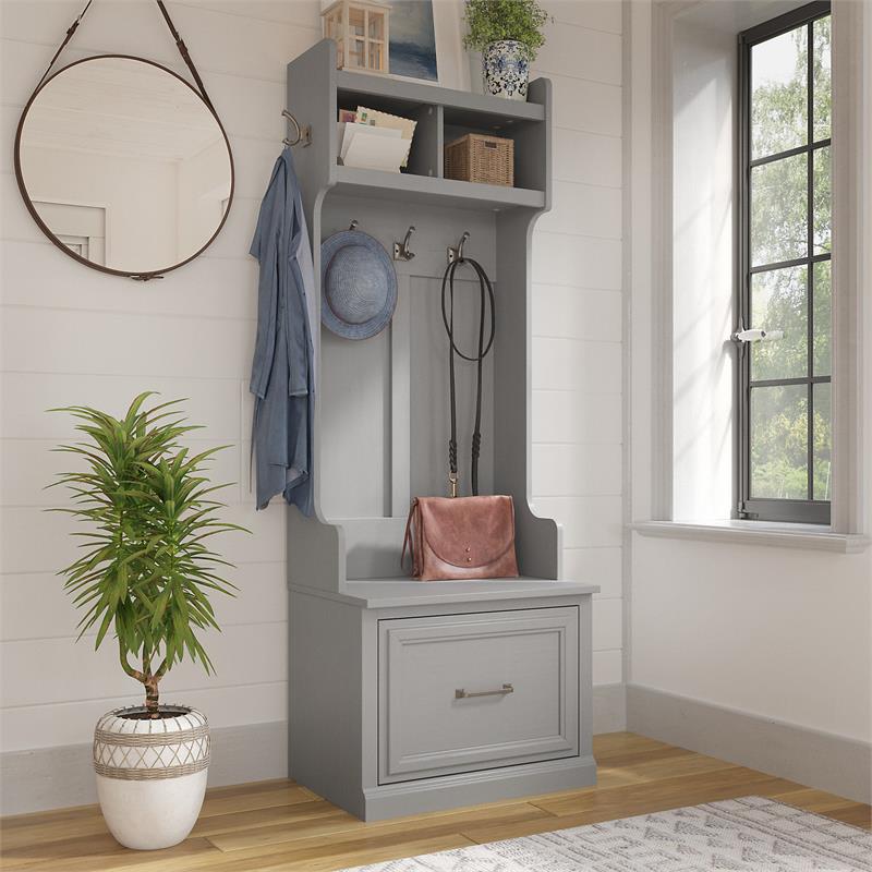 Pemberly Row Wood 24W Hall Tree & Shoe Bench w/ Drawer - Cape Cod Gray