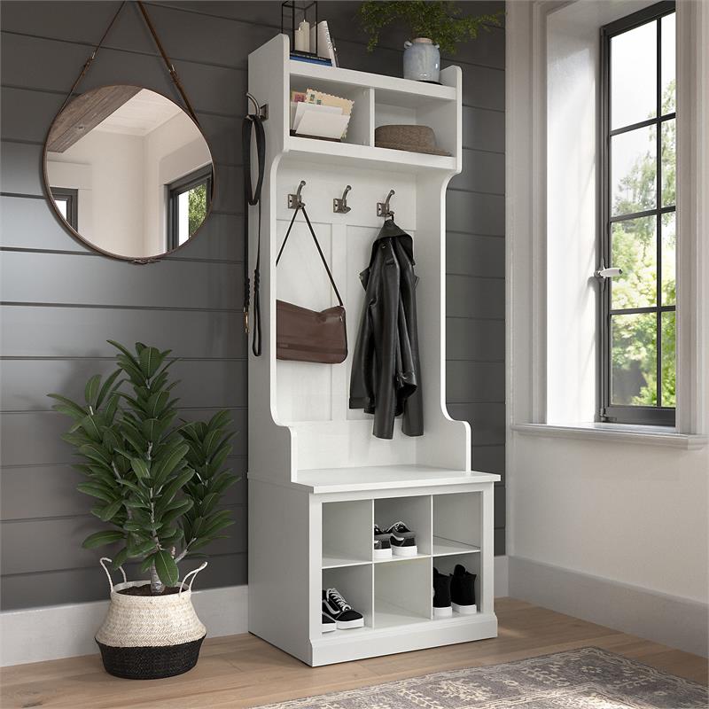 Pemberly Row 24W Hall Tree & Shoe Bench w/ Shelves - White Ash - Engineered Wood