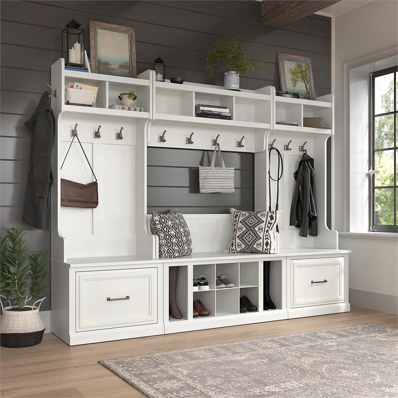 Pemberly Row Engineered Wood Full Entryway Storage Set with Drawers - White Ash