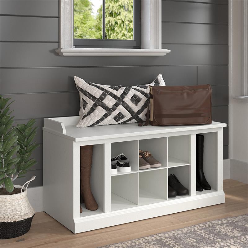 Pemberly Row 40W Shoe Storage Bench with Shelves in White Ash - Engineered Wood