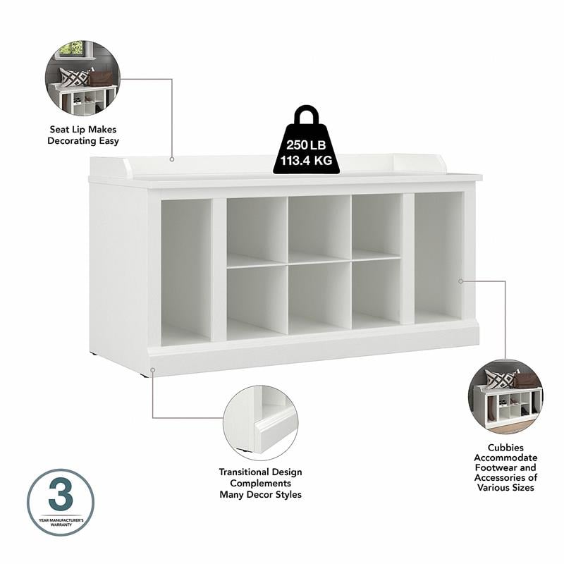Pemberly Row 40W Shoe Storage Bench with Shelves in White Ash - Engineered Wood