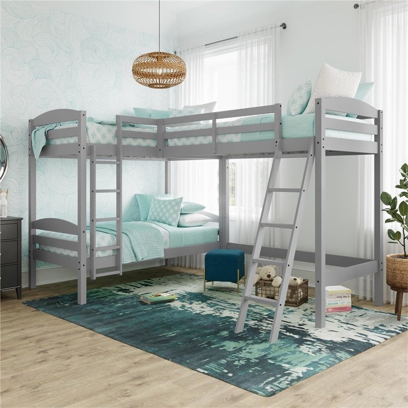 Pemberly Row Modern / Contemporary Wood Triple Twin Bunk Bed in Gray