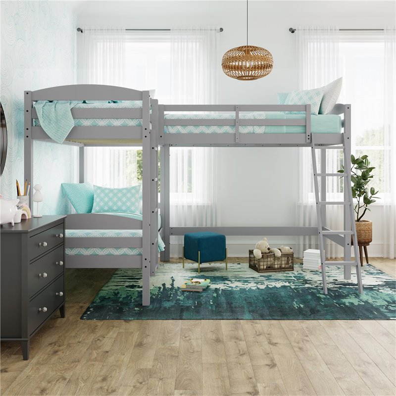 Pemberly Row Modern / Contemporary Wood Triple Twin Bunk Bed in Gray