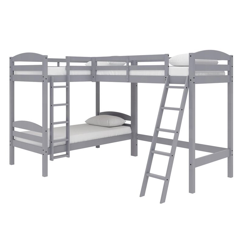 Pemberly Row Modern / Contemporary Wood Triple Twin Bunk Bed in Gray