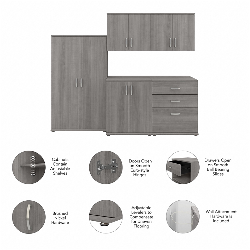 Pemberly Row 92W 5 Piece Modular Storage Set in Platinum Gray - Engineered Wood