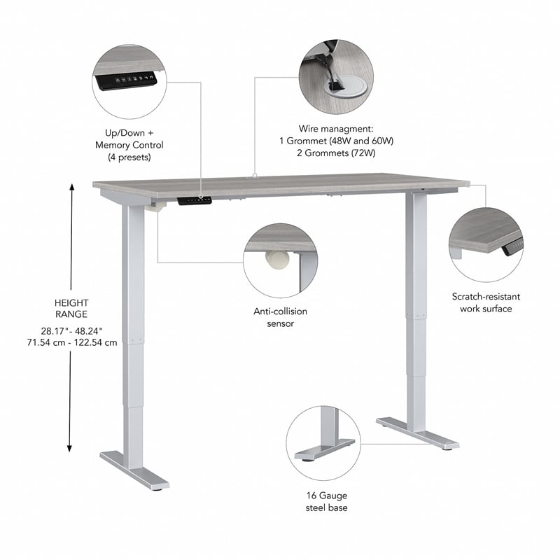 Pemberly Row 48W x 24D Adjustable Desk in Platinum Gray - Engineered Wood