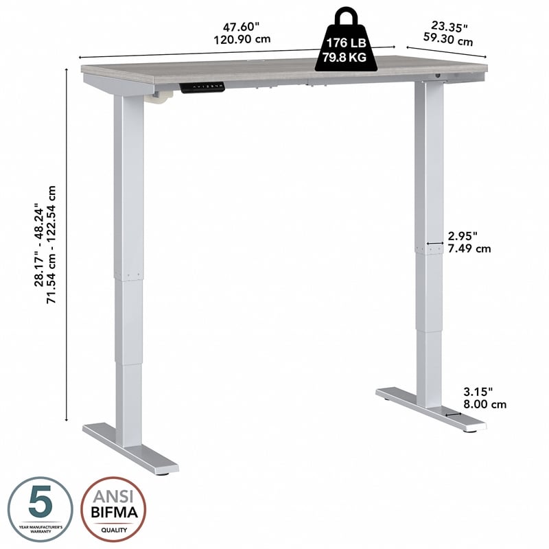 Pemberly Row 48W x 24D Adjustable Desk in Platinum Gray - Engineered Wood
