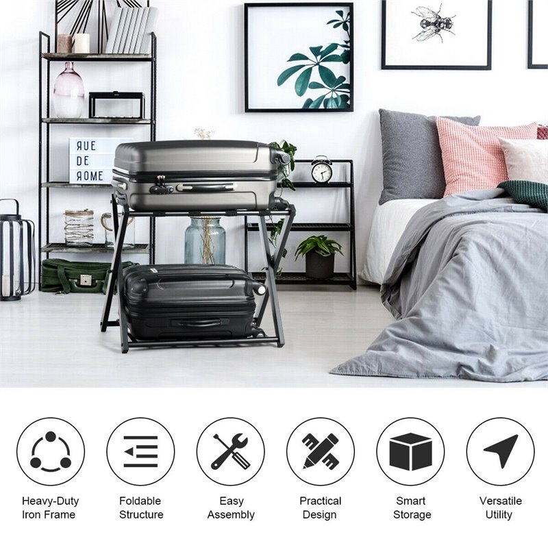 Pemberly Row Wood Folding Luggage Rack w/ Shoe Storage Holder - Black (Set of 4)