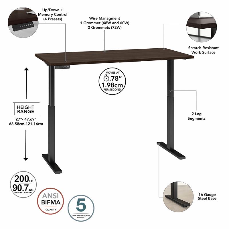 Pemberly Row 60W x 30D Adjustable Desk in Black Walnut - Engineered Wood