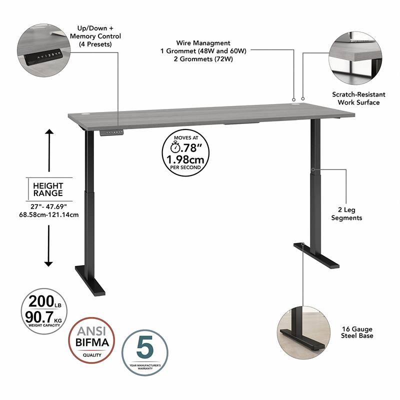 Pemberly Row 72W x 30D Adjustable Desk in Platinum Gray - Engineered Wood
