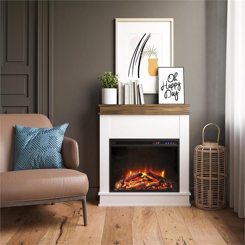 Pemberly Row Fireplace with Mantel in Ivory Oak with Rustic Mantel
