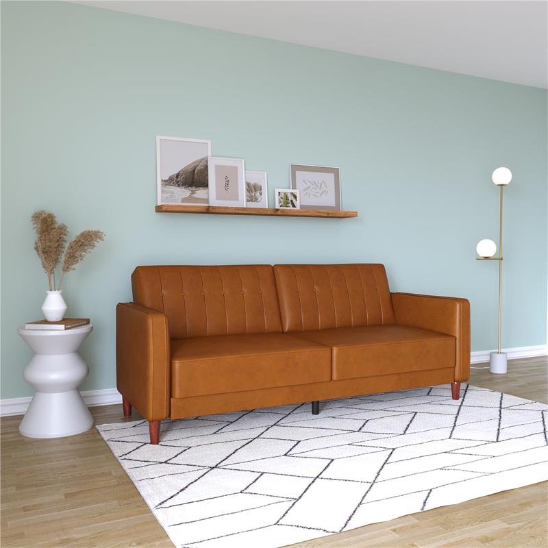 Pemberly Row Tufted Futon and Upholstered Sofa Sleeper Bed in Camel Faux Leather