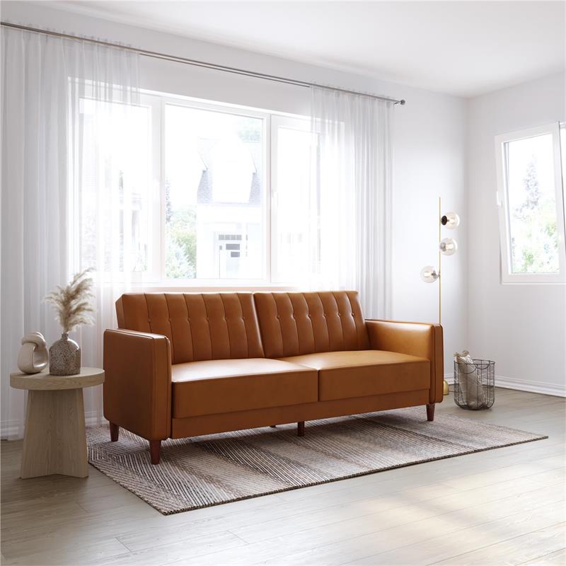 Pemberly Row Tufted Futon and Upholstered Sofa Sleeper Bed in Camel Faux Leather