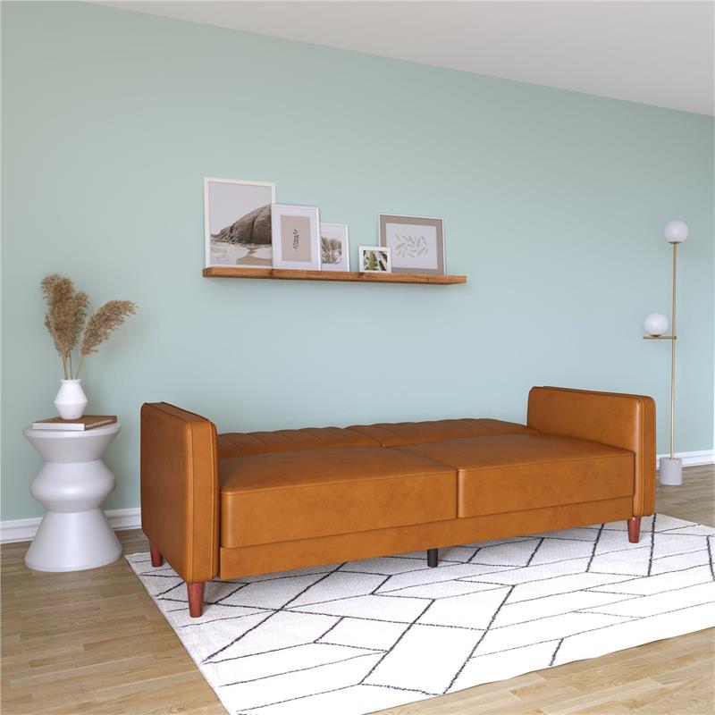 Pemberly Row Tufted Futon and Upholstered Sofa Sleeper Bed in Camel Faux Leather