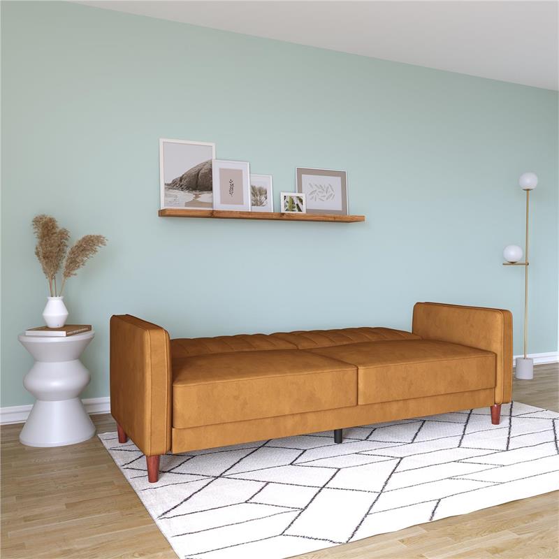 Pemberly Row Tufted Futon and Upholstered Sofa Sleeper Bed in Rust Velvet