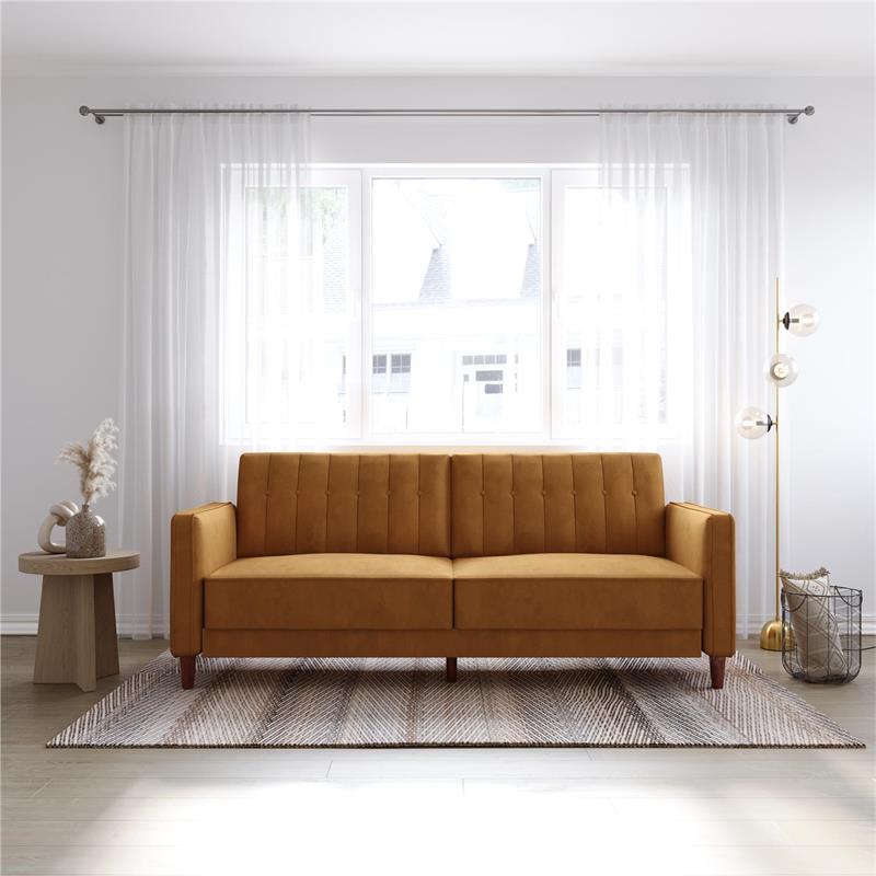 Pemberly Row Tufted Futon and Upholstered Sofa Sleeper Bed in Rust Velvet