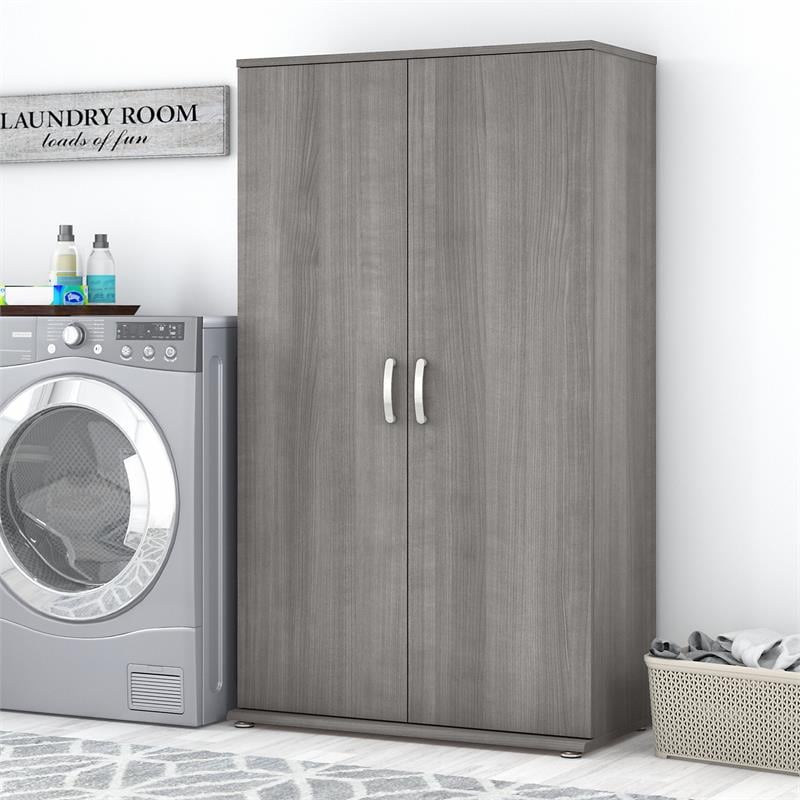 Pemberly Row Tall Linen Cabinet with Doors in Platinum Gray - Engineered Wood