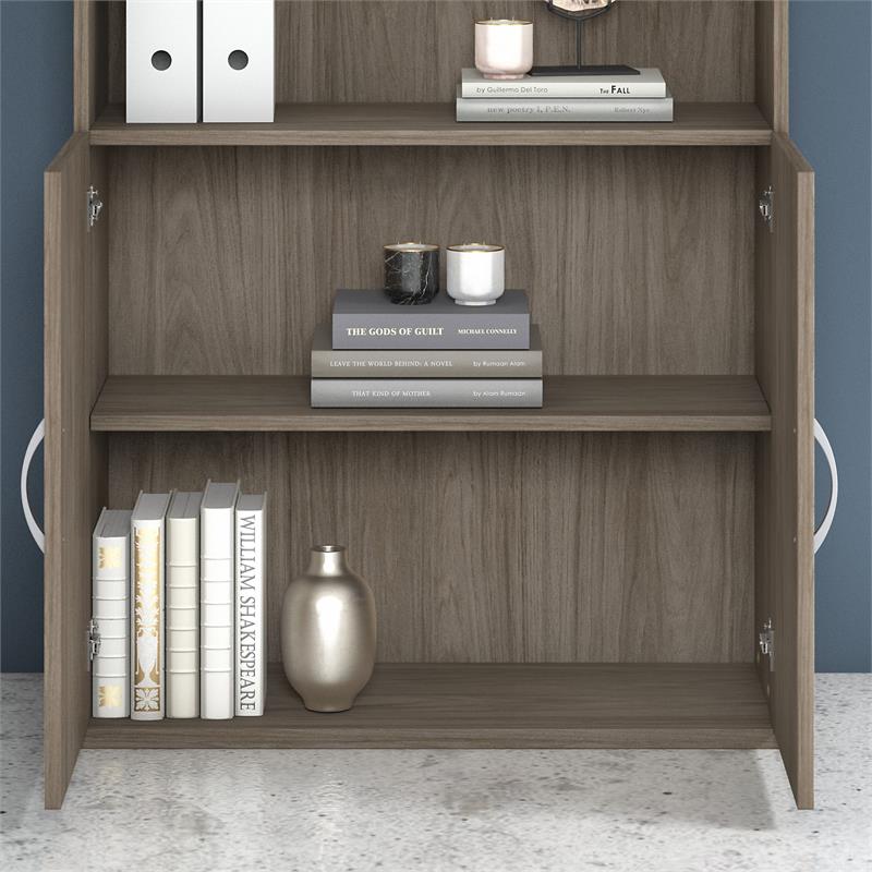 Pemberly Row Tall 5 Shelf Bookcase with Doors in Hickory - Engineered Wood