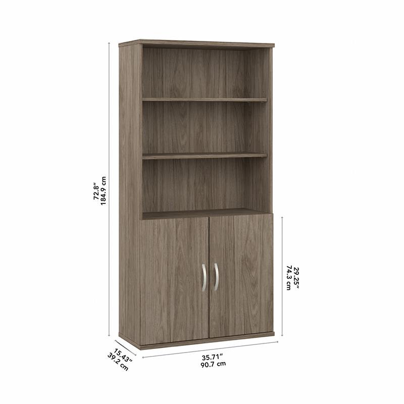 Pemberly Row Tall 5 Shelf Bookcase with Doors in Hickory - Engineered Wood