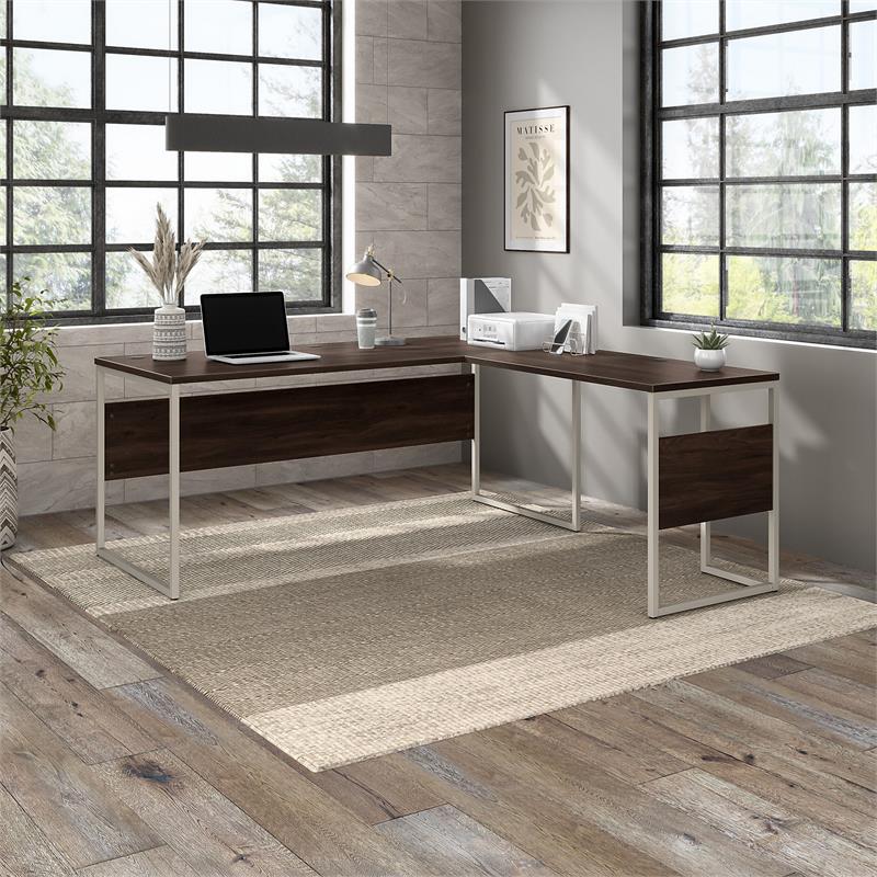 Pemberly Row 72W x 30D L Shaped Table Desk in Black Walnut - Engineered Wood
