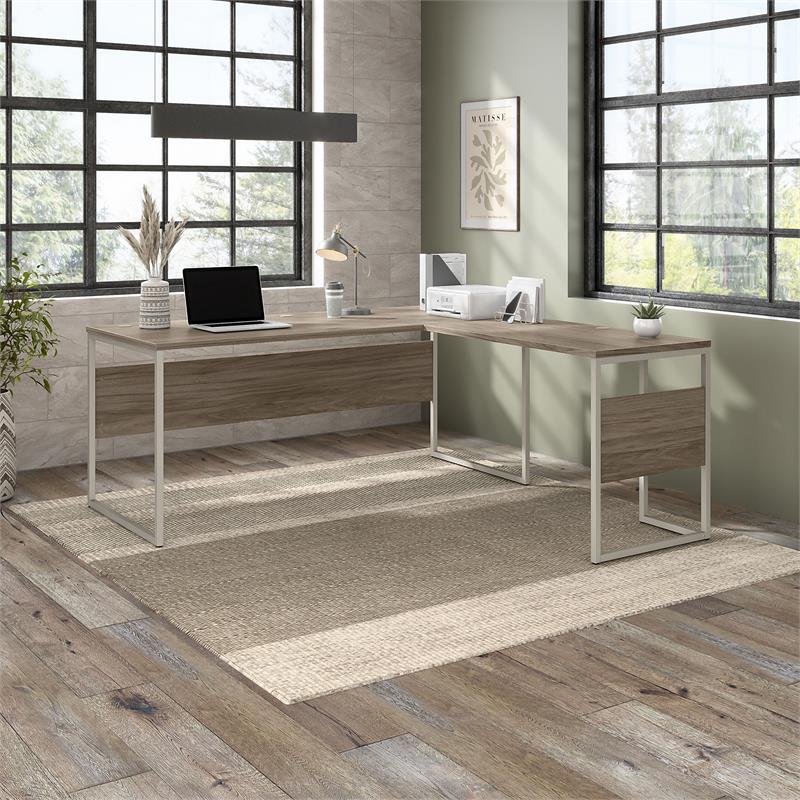 Pemberly Row 72W x 30D L Shaped Table Desk in Modern Hickory - Engineered Wood