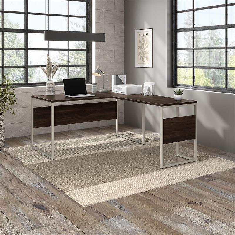 Pemberly Row 60W x 30D L Shaped Table Desk in Black Walnut - Engineered Wood