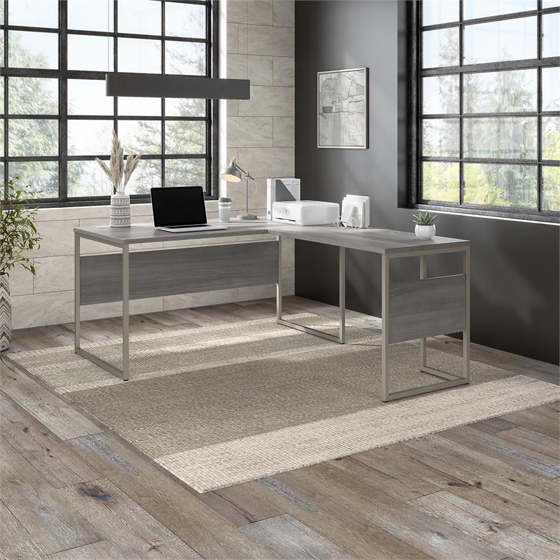 Pemberly Row 60W x 30D L Shaped Table Desk in Platinum Gray - Engineered Wood
