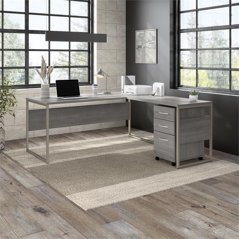 Pemberly Row Engineered Wood 72W L Shaped Table Desk w/ Drawers - Platinum Gray