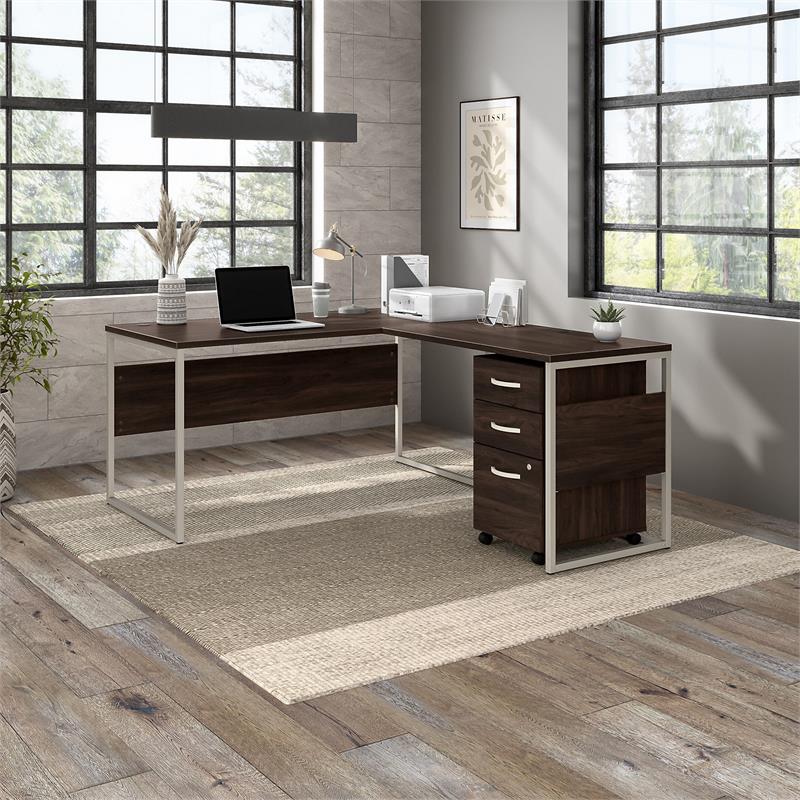 Pemberly Row Engineered Wood 60W L Shaped Table Desk with Drawers - Black Walnut