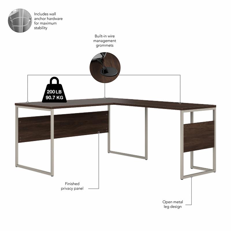 Pemberly Row Engineered Wood 60W L Shaped Table Desk with Drawers - Black Walnut