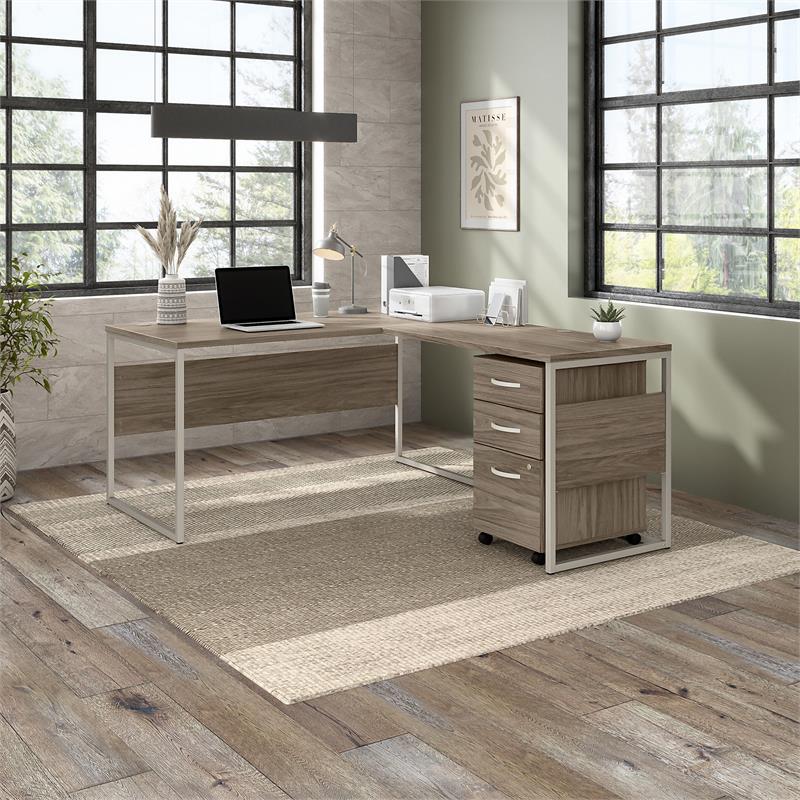 Pemberly Row 60W L Shaped Table Desk with Drawers in Hickory - Engineered Wood