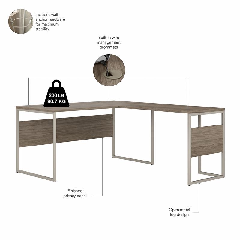 Pemberly Row 60W L Shaped Table Desk with Drawers in Hickory - Engineered Wood