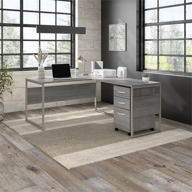 Pemberly Row Engineered Wood 60W L Shaped Table Desk w/ Drawers - Platinum Gray