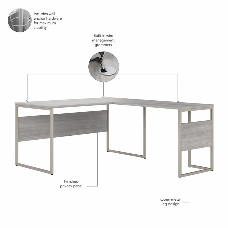 Pemberly Row Engineered Wood 60W L Shaped Table Desk w/ Drawers - Platinum Gray