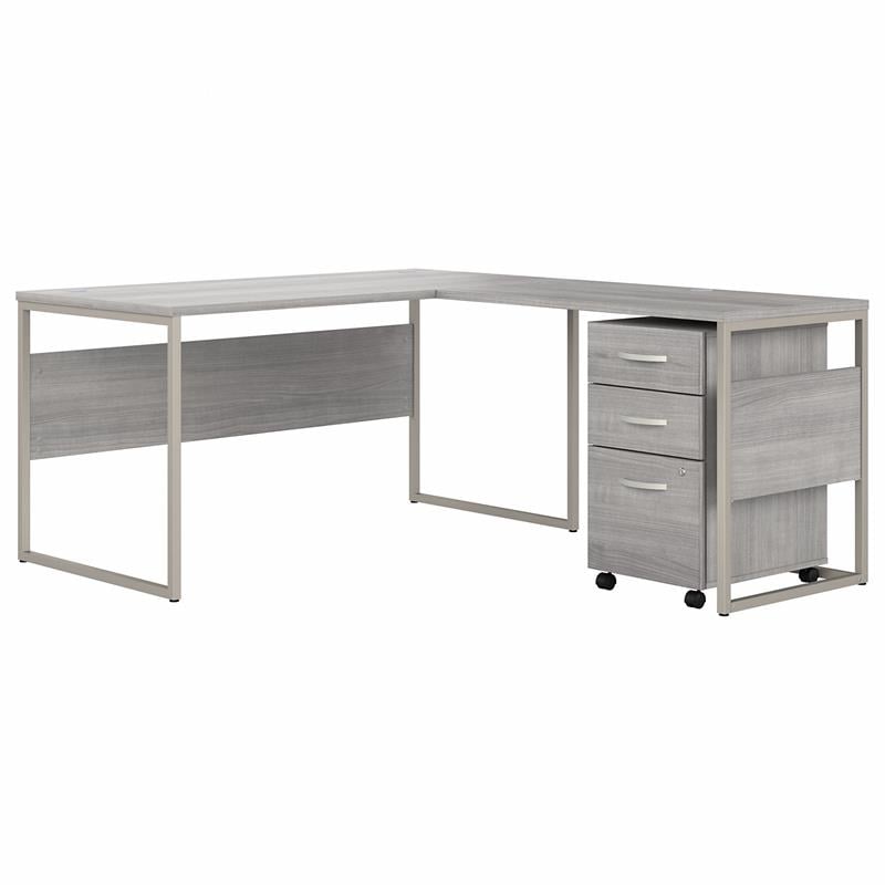 Pemberly Row Engineered Wood 60W L Shaped Table Desk w/ Drawers - Platinum Gray