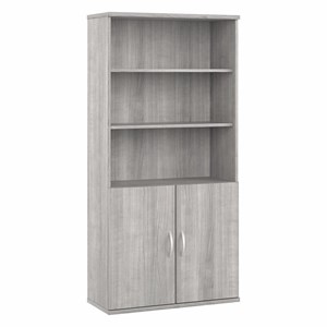 Pemberly Row Tall 5 Shelf Bookcase with Doors in Platinum Gray - Engineered Wood