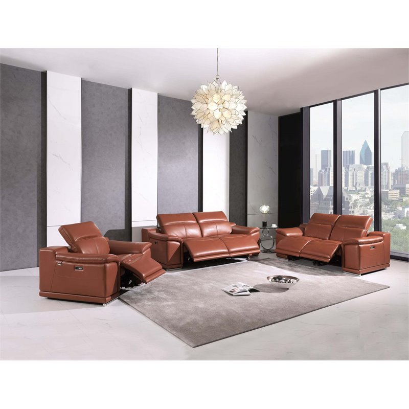 Pemberly Row Genuine Italian Leather Power Reclining Loveseat in Brown
