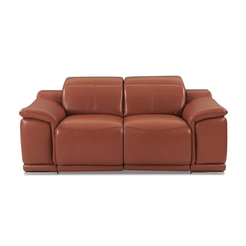 Pemberly Row Genuine Italian Leather Power Reclining Loveseat in Brown