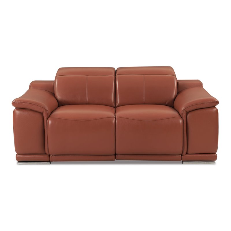 Pemberly Row Genuine Italian Leather Power Reclining Loveseat in Brown