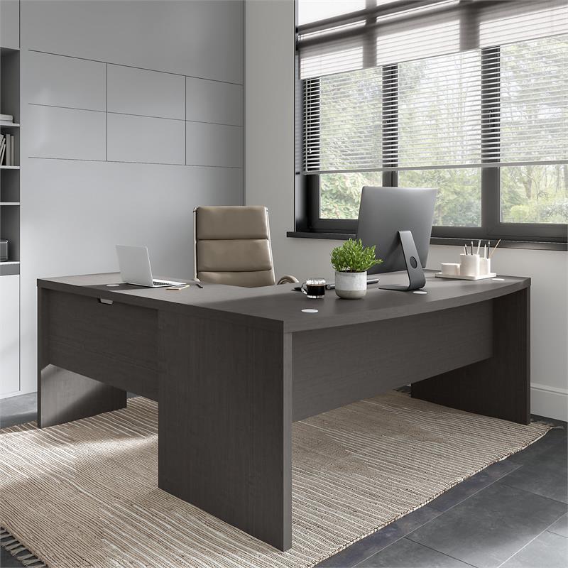 Pemberly Row 72W Bow Front L Shaped Desk in Charcoal Maple - Engineered Wood