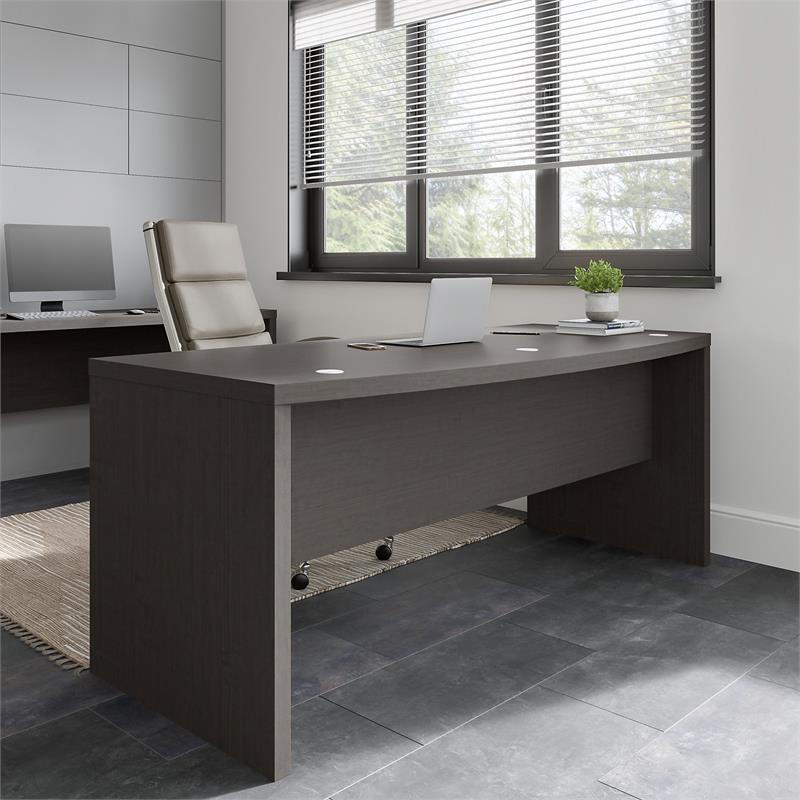 Pemberly Row 72W Bow Front Desk in Charcoal Maple - Engineered Wood