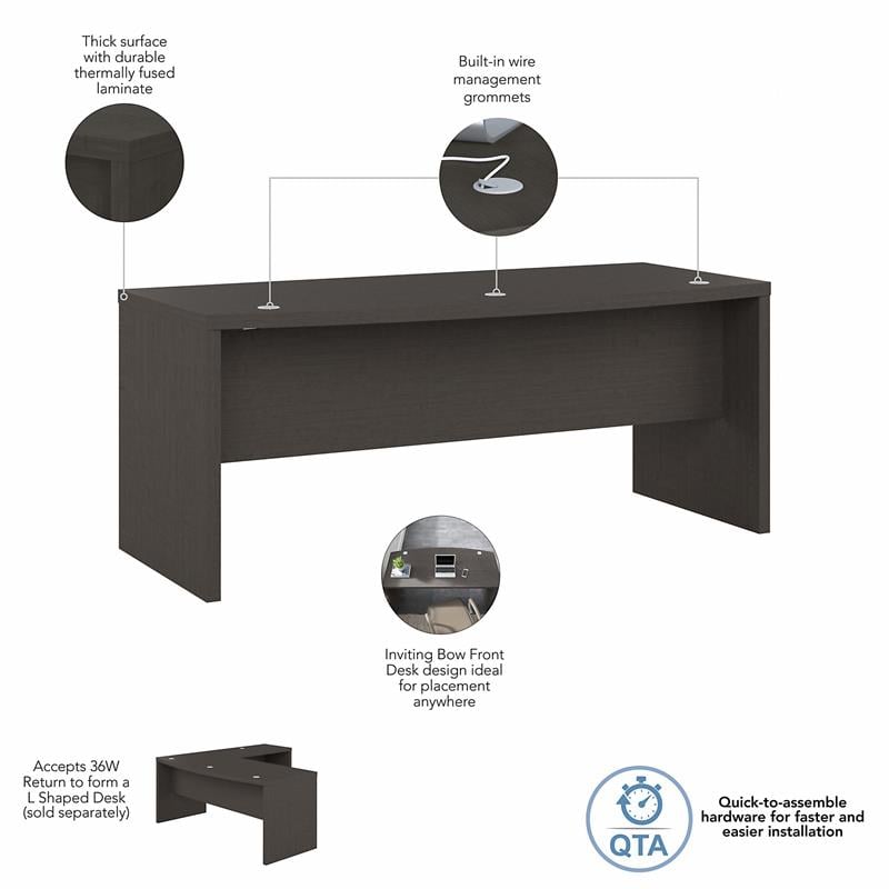 Pemberly Row 72W Bow Front Desk in Charcoal Maple - Engineered Wood