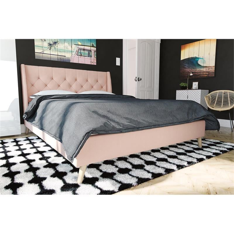 Pemberly Row Modern / Contemporary Bed Queen in Pink Finish Linen