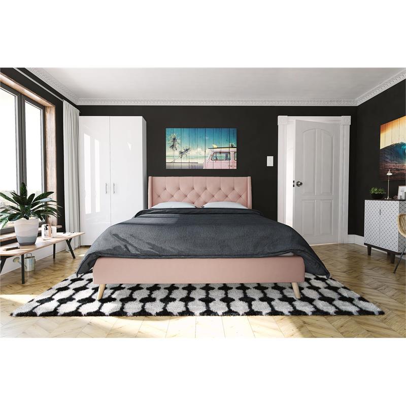 Pemberly Row Modern / Contemporary Bed Queen in Pink Finish Linen