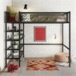 Pemberly Row Modern Storage Loft bed with Bookcase in Black Metal